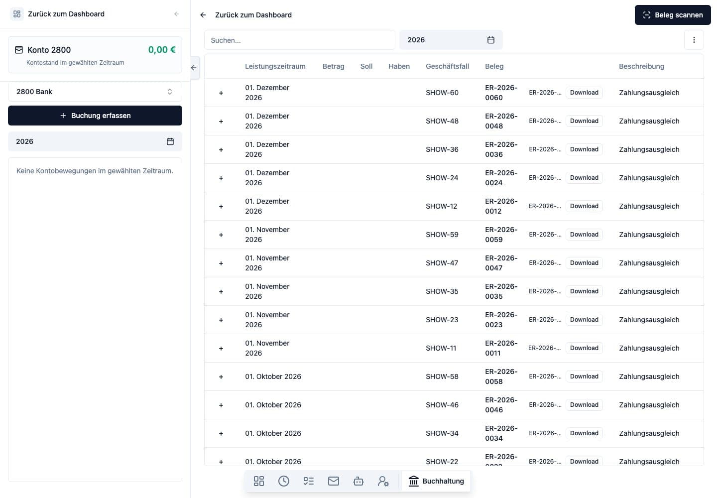 Desktop view of Bookkeeping in Neuronize ERP