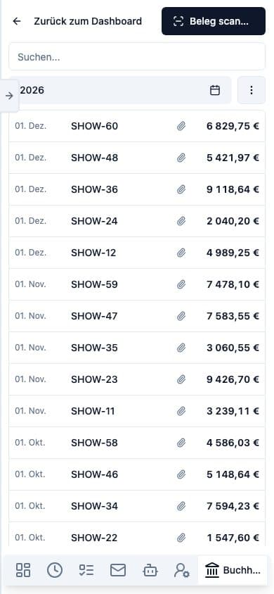 Mobile view of Bookkeeping in Neuronize ERP
