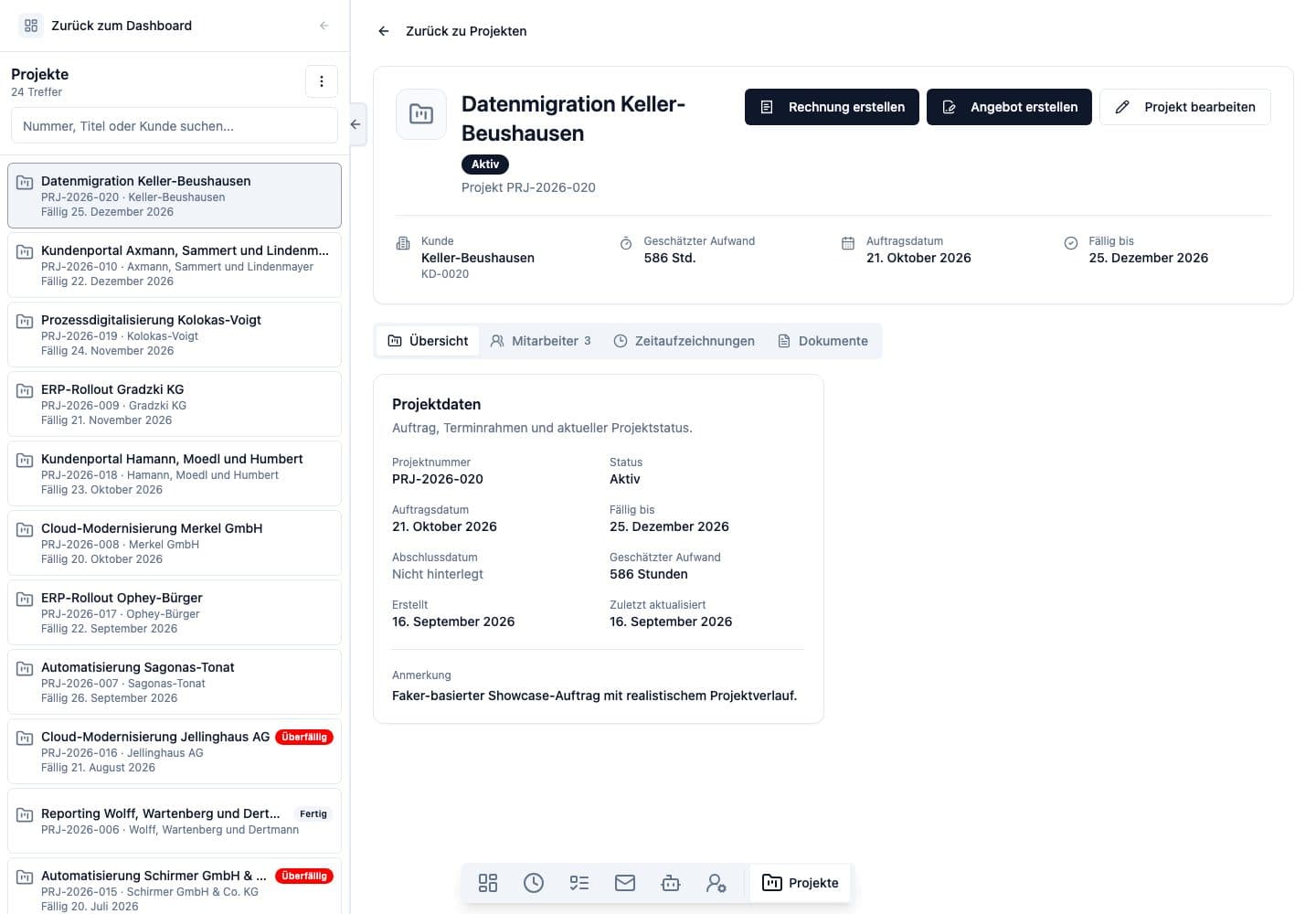 Desktop view of Projects in Neuronize ERP