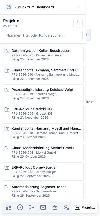 Mobile view of Projects in Neuronize ERP