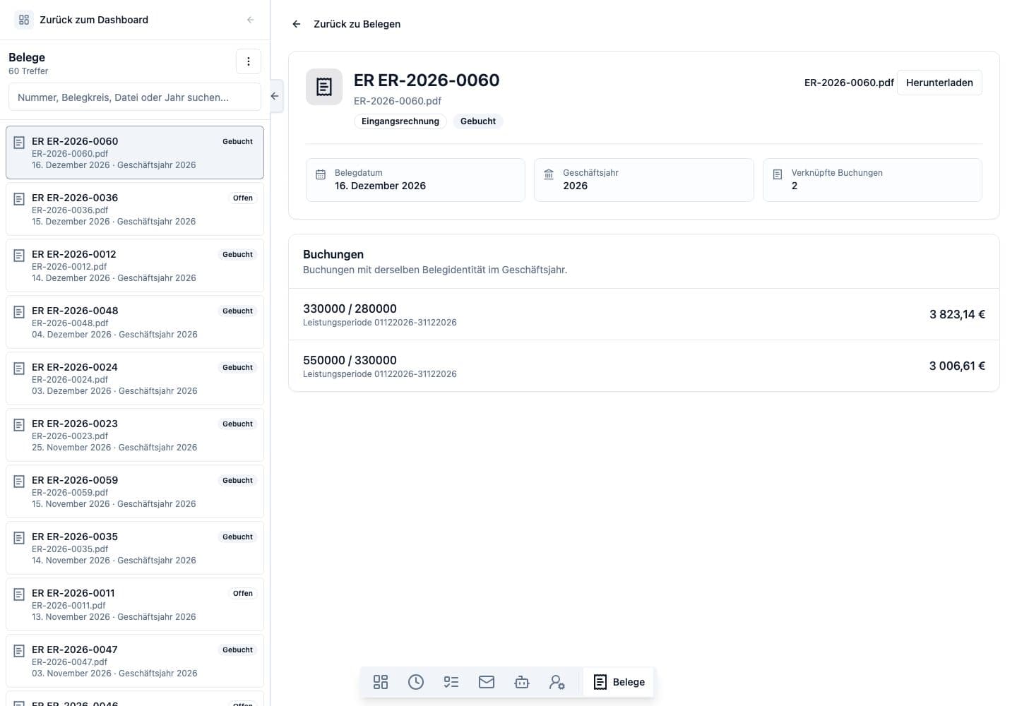 Desktop view of Receipts in Neuronize ERP