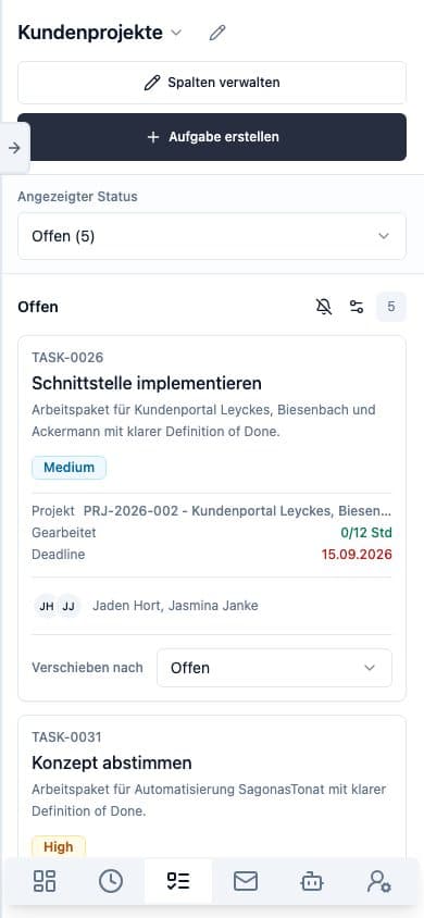 Mobile view of Tasks in Neuronize ERP